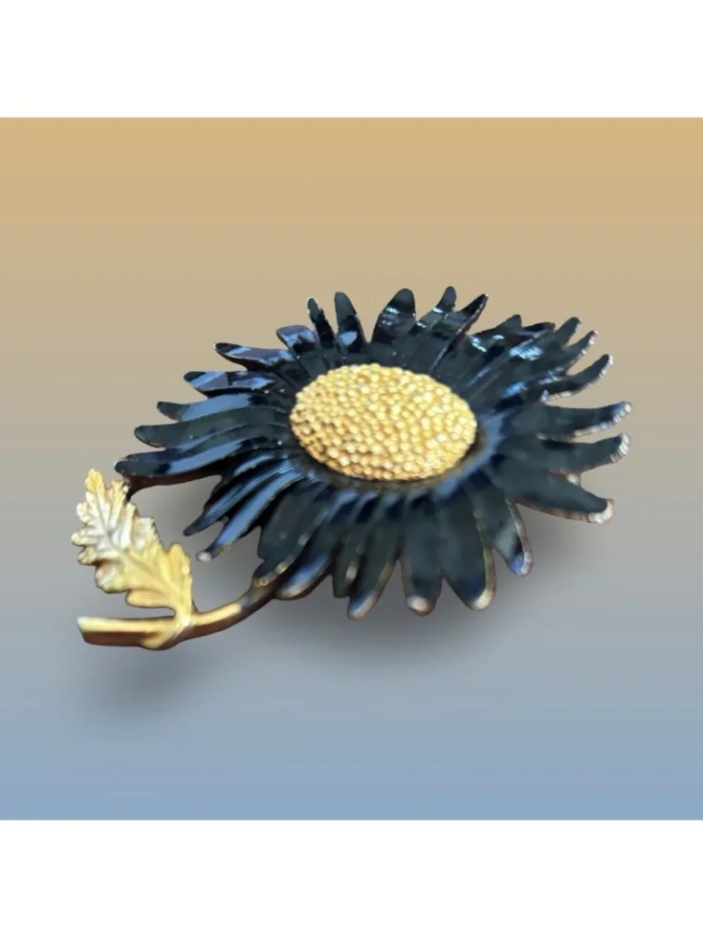 Vintage Marvella Black Enamel & Gold-Tone Sunflower Brooch Pin